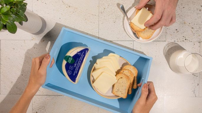Queijo lacfree Verde Campo servido com pães fatiados em bandeja azul vista de cima.
