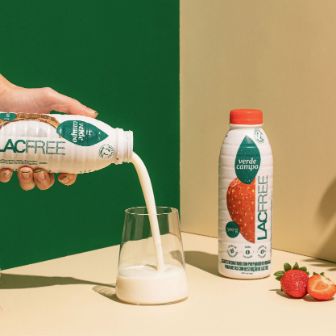 Bebida lacfree Verde Campo sendo servida em copo de vidro, com morangos e coco como acompanhamento.