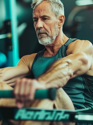 Pessoa utiliza máquina de remo durante treino cardiovascular na academia.