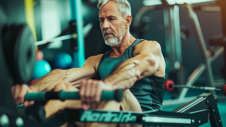 Pessoa utiliza máquina de remo durante treino cardiovascular na academia.