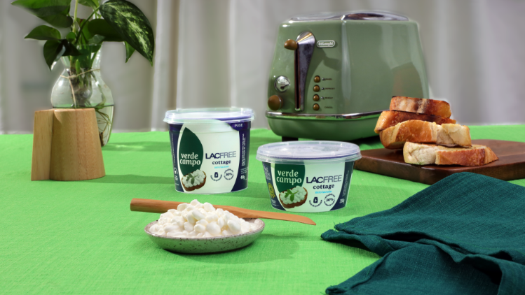 Queijo cottage lacfree Verde Campo em pote, servido em ambiente de cozinha com torradas, planta decorativa e tons verdes.